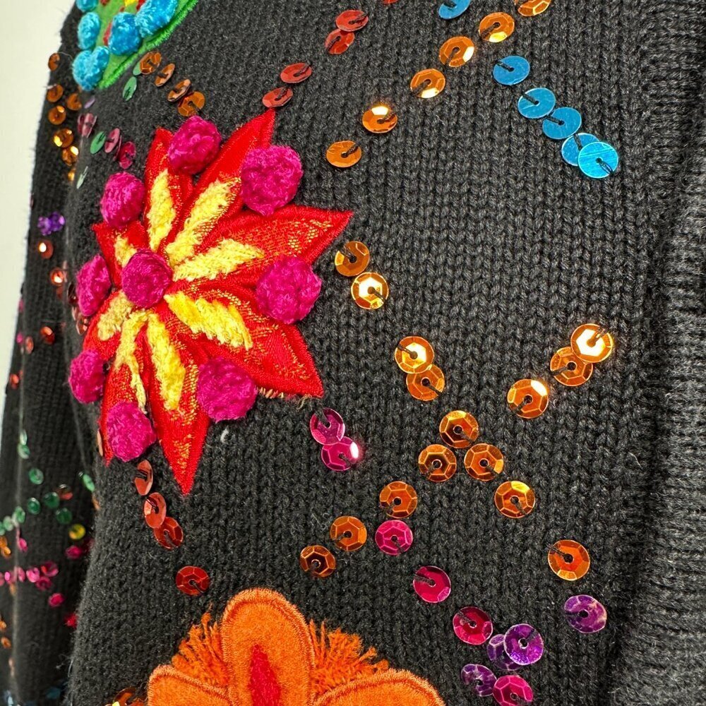 Berek Women’s Floral Button Front Black Cardigan Size L Sequins Embellished Vtg - Picture 8 of 13